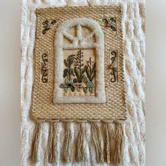 Vintage 1988 Jute Wall Hanging Window Floral Made in India Cottage Core Retro - Picture 1 of 8